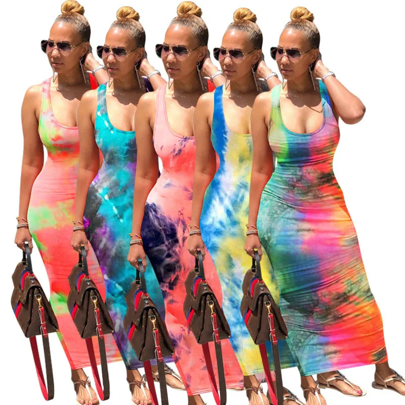 

2XL Printed loose sling tie dye maxi dress long sun dress plus size women summer with pocket, As picture