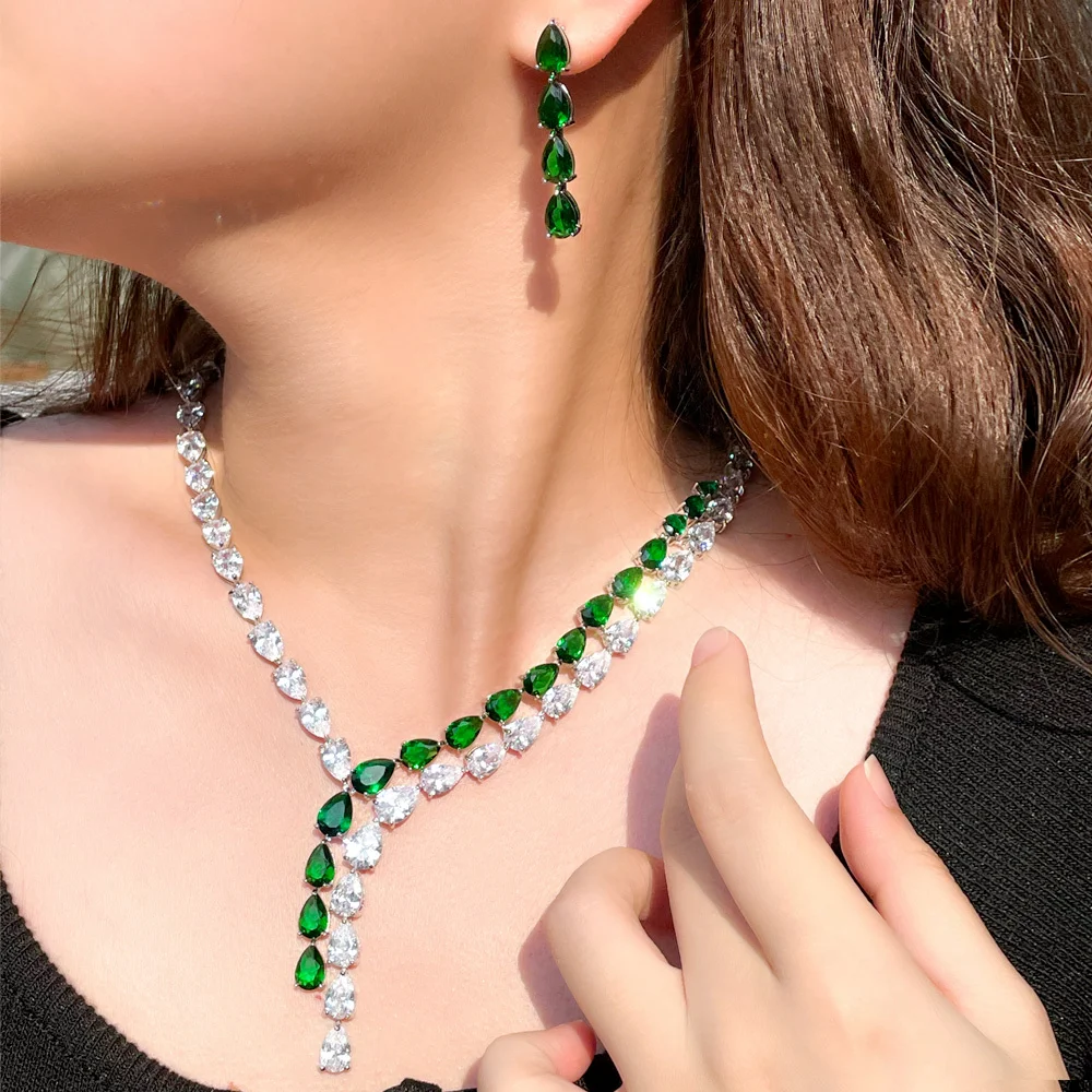 Brilliant CZ Stone White Green Color Water Drop Nigerian Long Tassel Earring and Necklace for Women Party Jewelry Sets