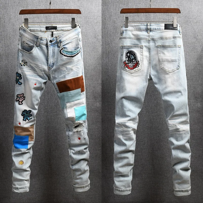 

New design print patch denim jeans high street hip hot plus size design jeans denim, Blue black