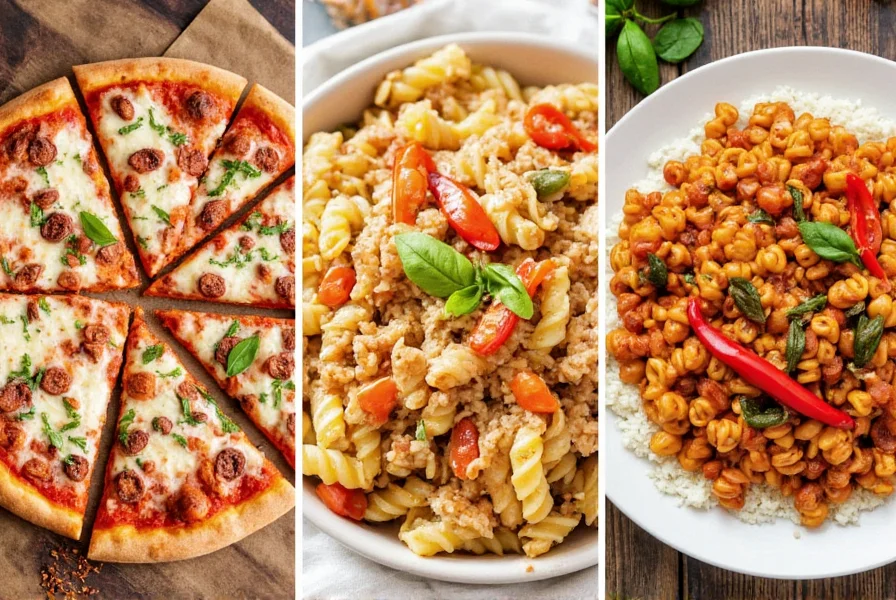 Various dishes featuring red pepper flakes substitutes including pizza, pasta, and stir-fry