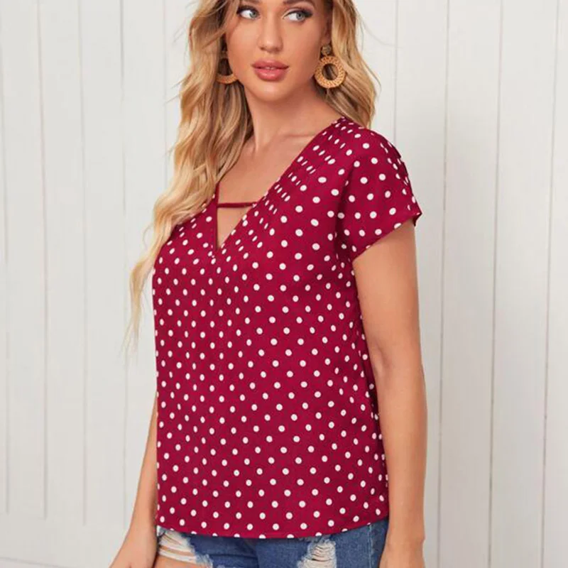 

Summer Women Chiffon Commuter Short Sleeve V Neck Dot Print T Shirt Ladies Tops Blouse, Green, red, yellow, pink