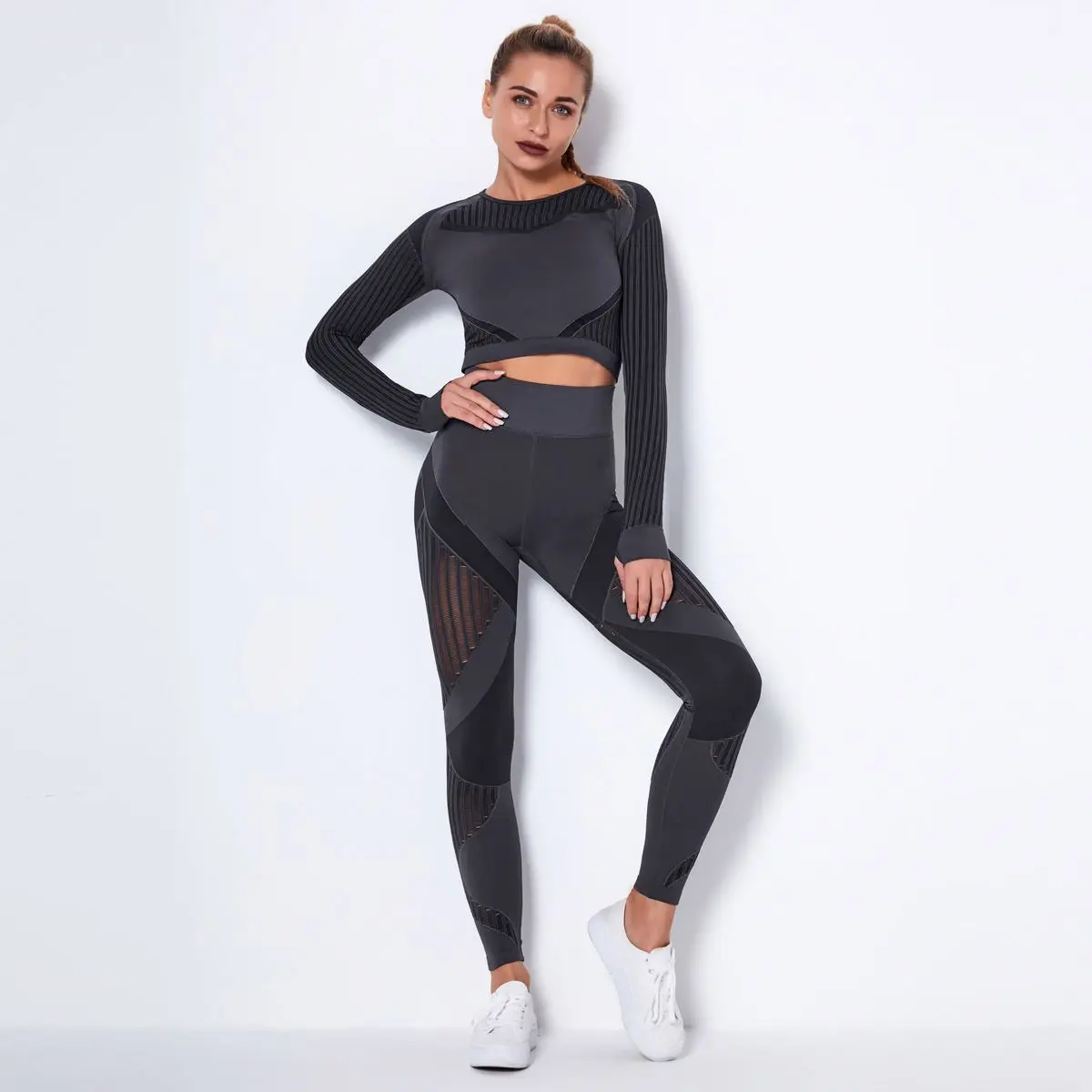 

In Stock Hollow Mesh Gym Fitness Sets Hot Sale Seamless High Waist Yoga Pants Sports 2 Pcs Suit Striped Women Yoga Set, Picture shows