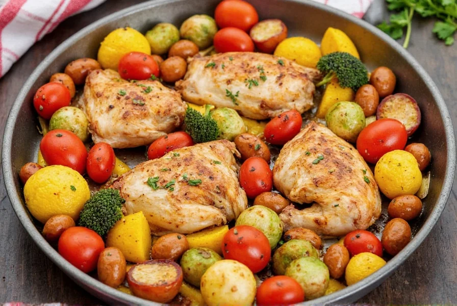 Plated pan roasted chicken and veggies with fresh garnish