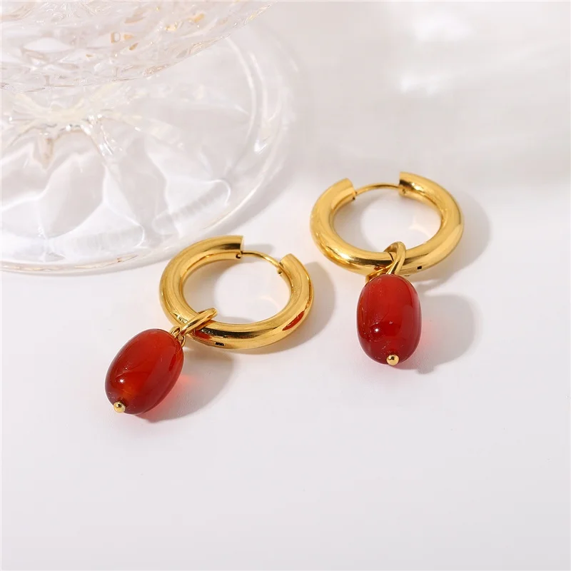

Fashion Jewelry Luxury Oval Beads Red Onyx Drop Cute Simple Gold Plated Stainless Steel Huggie Earring For Women