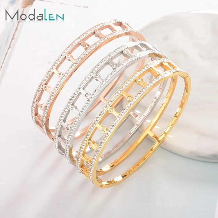 

Modalen Minimalist Hollow Cuff Bracelet Crystal Stainless Steel Gold Bangle