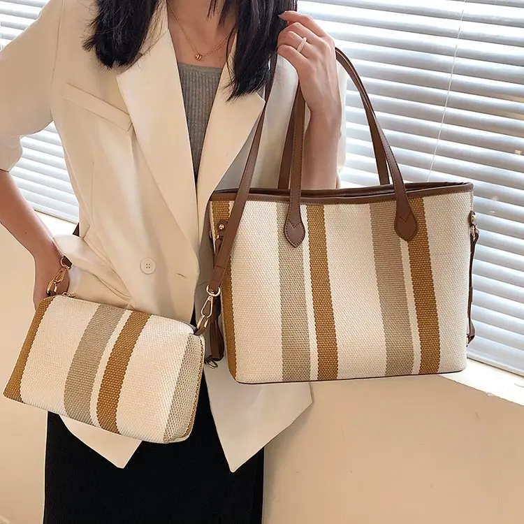 

Canvas bag 2021 new designer fashion 2 pcs handbags sets shoulder crossbody casual trending simple hand bags women tote bag, White, khaki, black, brown