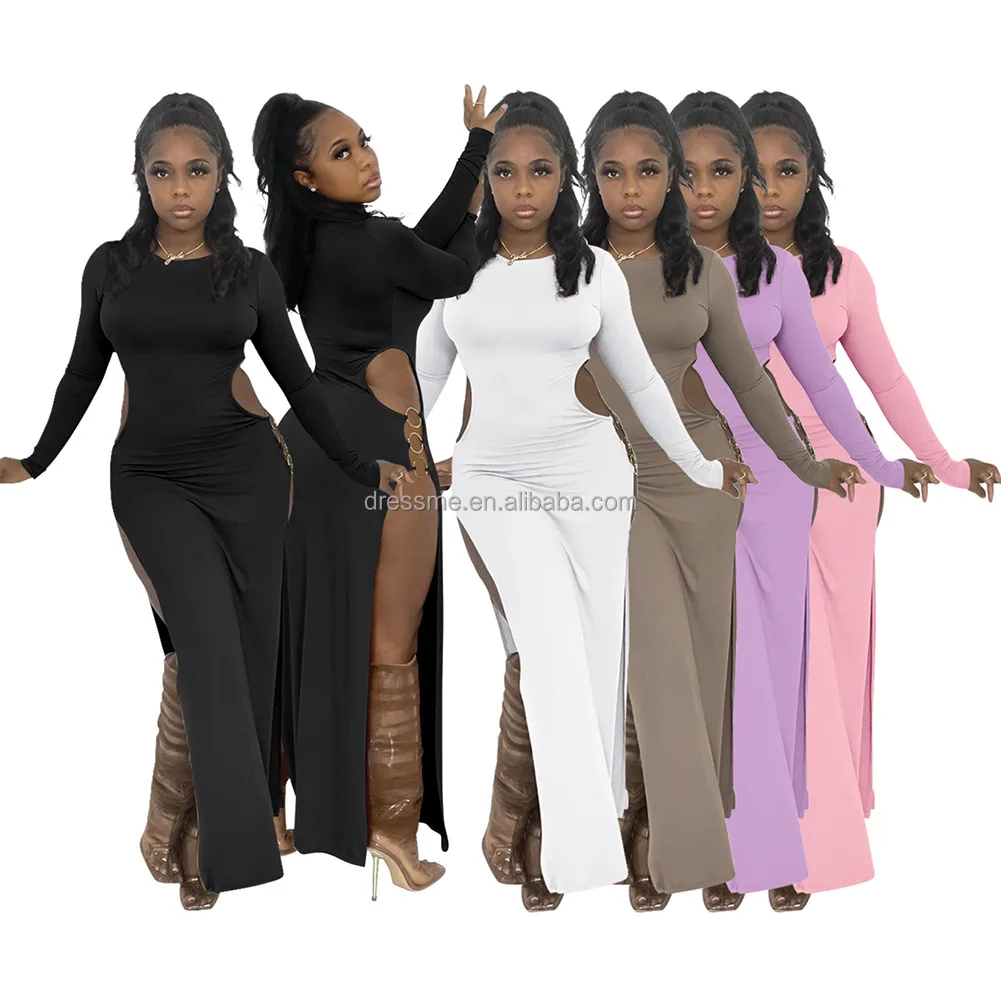 

MT272-88129 Sexy High Split Dress Long Sleeve Hollow Cut Out Birthday Party Night Club Long Maxi Dresses Fall Clothes for Women