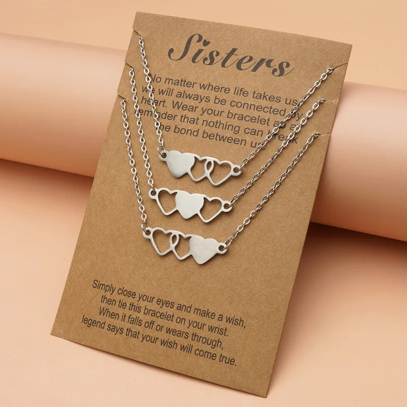 

GOGO JEWELRY Best Friends Silver plating stainless steel 3 pcs heart pendants necklace for family and frendship