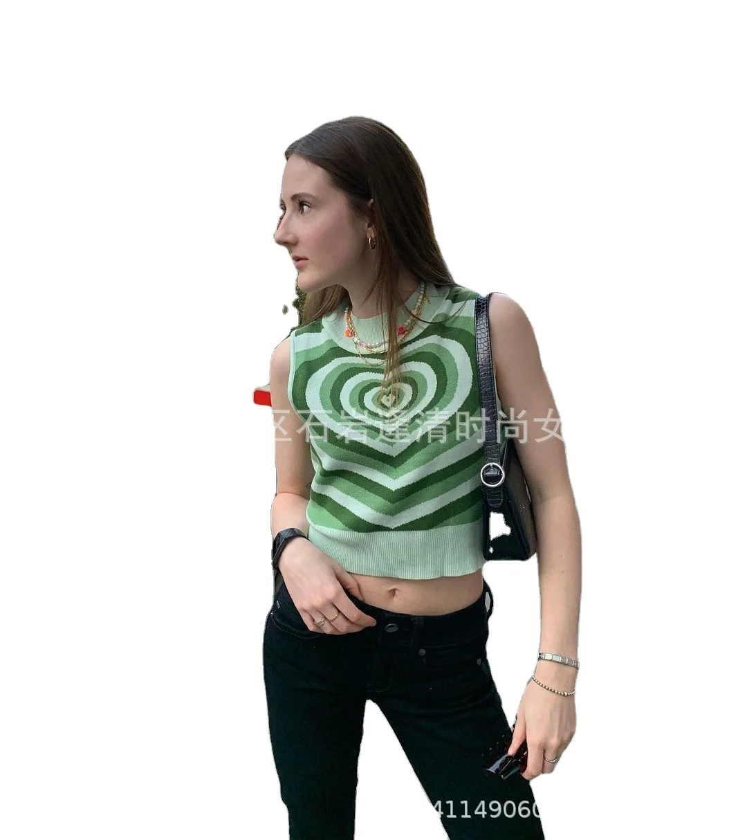 

Wholesale Love Jacquard Girl Short Crop Top Contrast Sexy Ladies Blouse Ultra Knit sweater vest women, Picture color