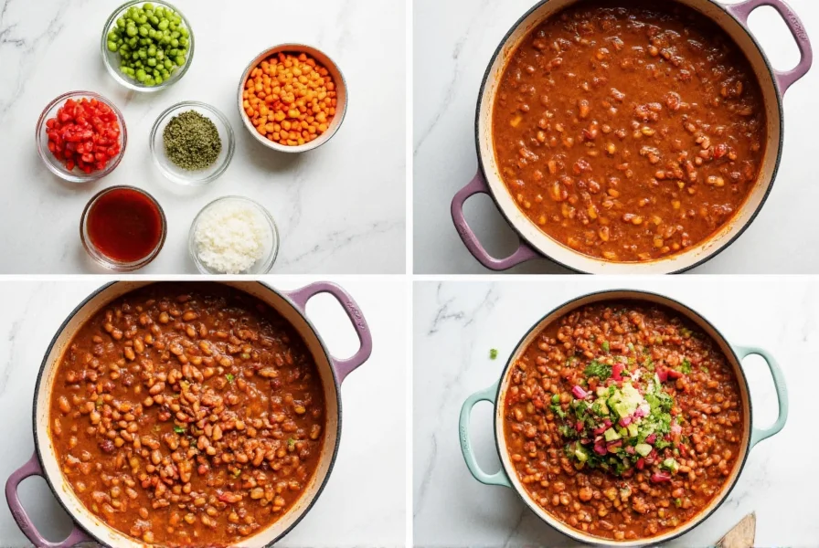 Step-by-step bean chili recipe showing ingredients in bowls, sautéing vegetables in pot, and finished chili in bowl with toppings