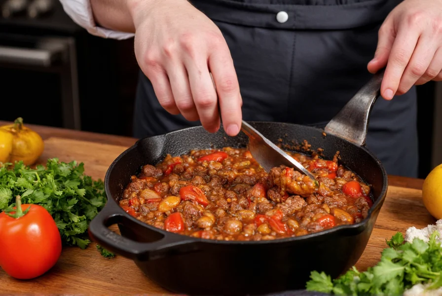 Professional chef preparing homemade beef chili in cast iron pot with fresh ingredients