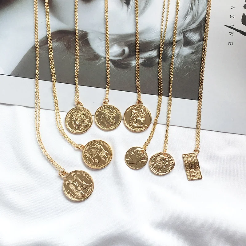 

Bohemian Vintage Carved Gold Coin Roman Necklace Goddess Virgin Mary Round Portrait Gold Coin Medal Angel Long Chain Jewelry, Picture