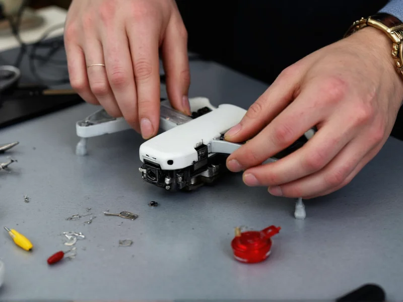 Hands assembling drone components on workbench