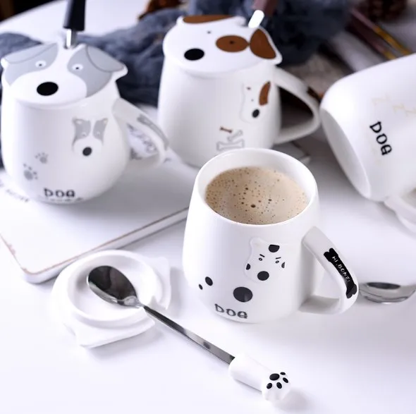 

ceramic mug cute dog cup with lid and spoon fancy coffee cups and mugs for gift, As image
