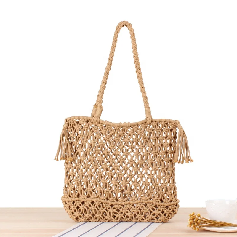 

Wholesale Summer New Trendy Tassels Cotton Crochet Tote Bag Mesh Handbag for Lady Beach Holiday Dress