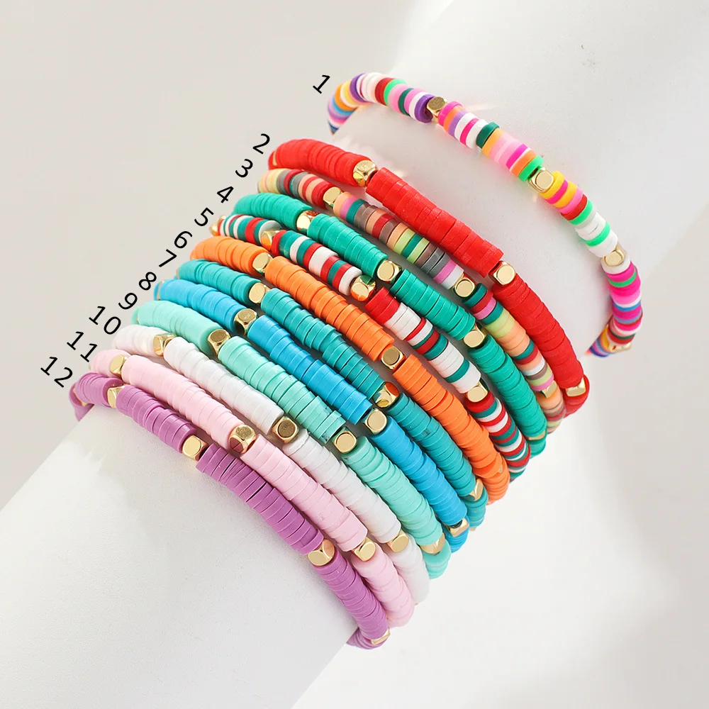 

2021 Real Gold Plated Bohemian Polymer Clay Beaded Bracelet Women Jewelry, 12 colors