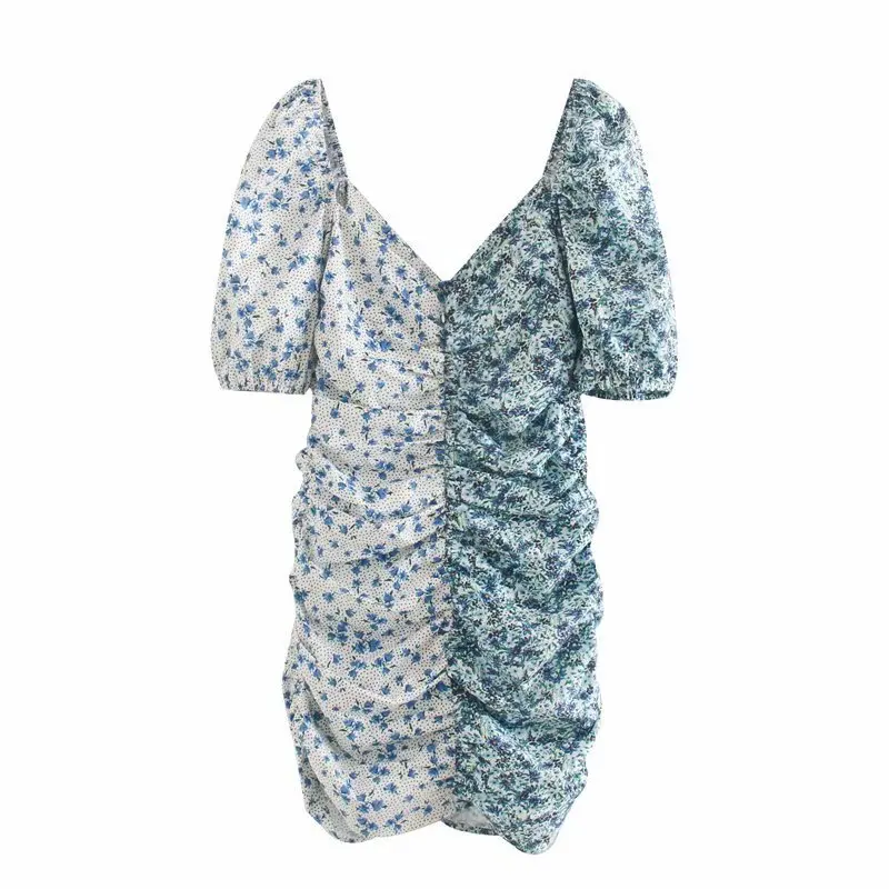

2020 new summer designs wholesale bubble short sleeve contrast color ruched women floral printed casual dresses