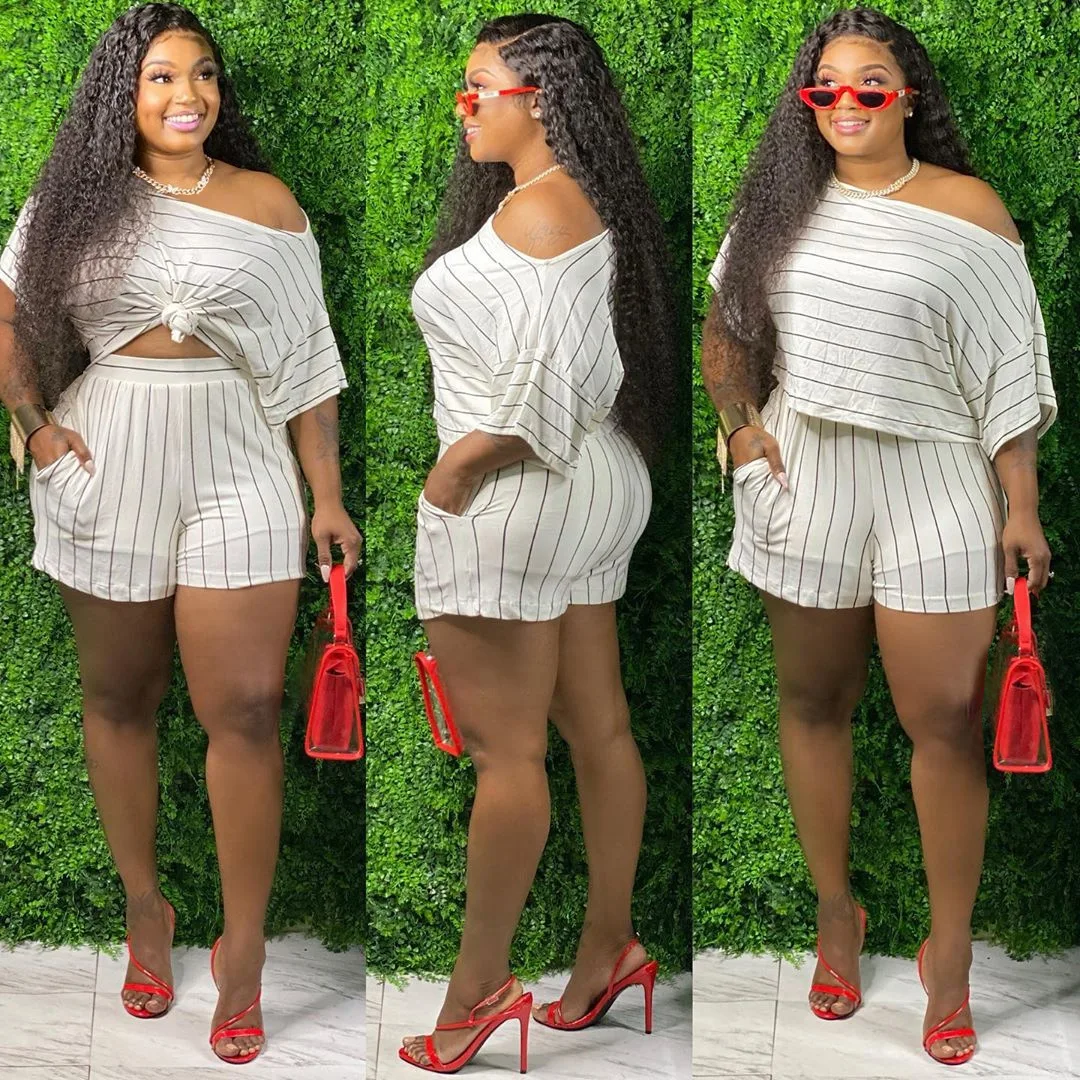 

Ladies Plus Size Striped Off Shoulder Suit Set Fat Women Clothing 2 Pieces Sets