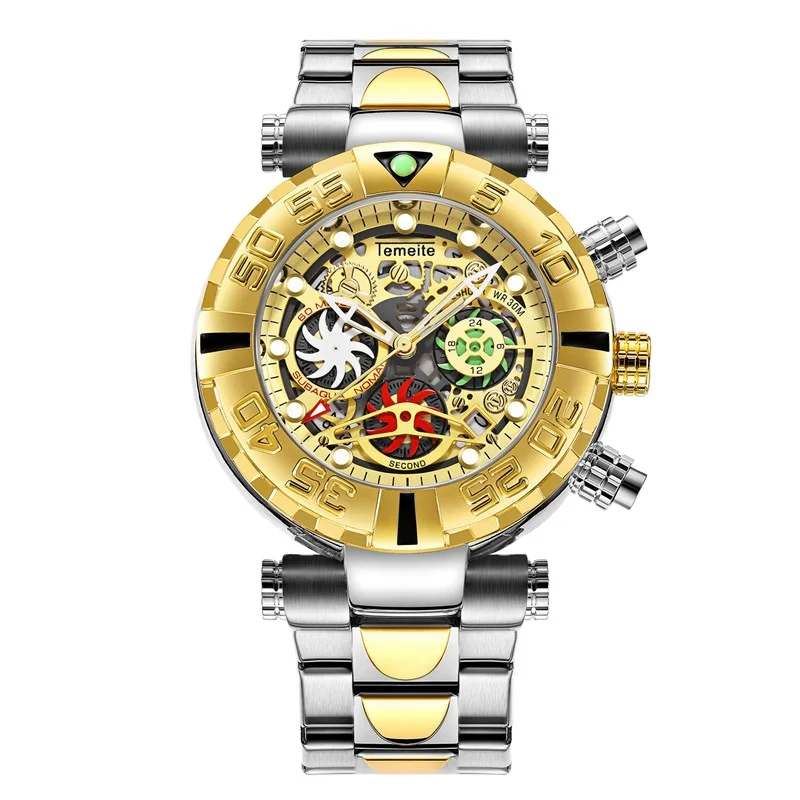 

TEMEITE brand mens wristwatches quartz Multifunction stainless steel man watches waterproof luxury gold Chronograph creative