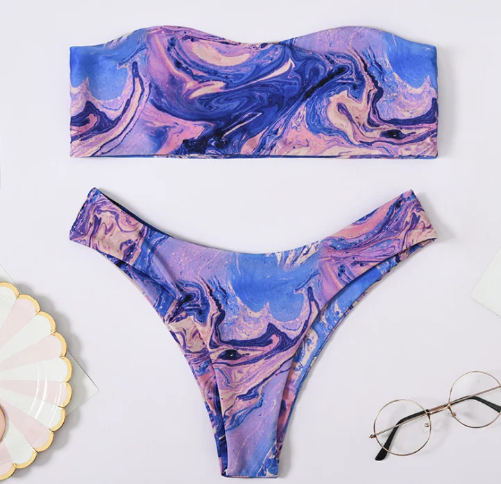 

Cinch Tie Bandeau Marble Print Bikini Set Two Piece Tie Dye High Waist Bikini Swimwear, Print women beachwear