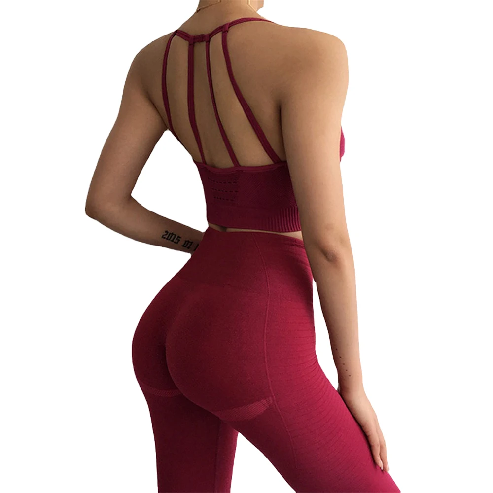 

Dark Red Sexy Yoga Sports Fitness Set Women Gym Butt Lift Clothing Wholesale