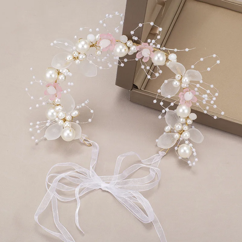 

Women Pearls Wedding Wreath Bridal Crown Flower Pink Headband Garland Wedding Bride Headdress Elegant Hair Accessories Girl Kid