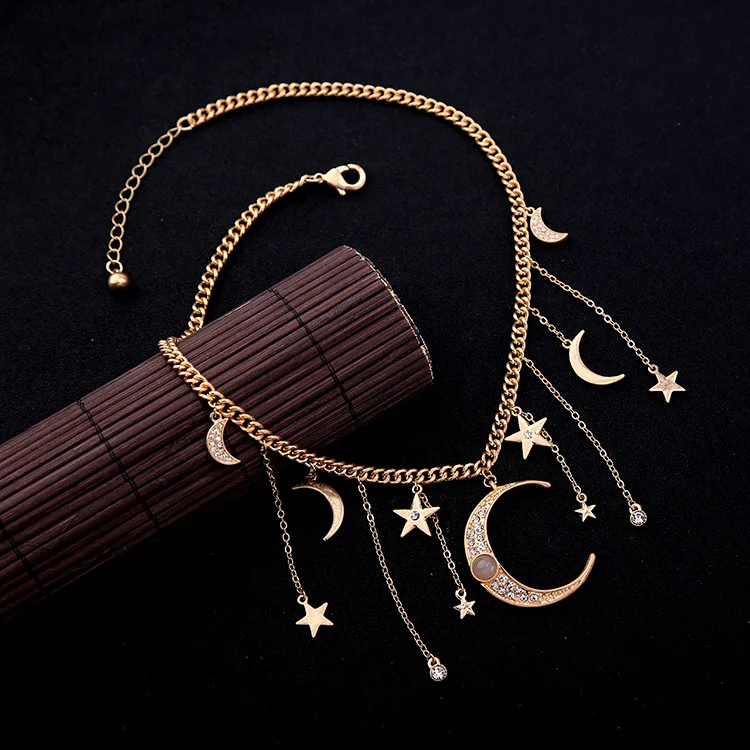 

Fashion Crystal Star Moon Chain Tassel Pendant Necklace For Women Charms Choker Necklaces Jewelry (KNK5140), Same as the picture