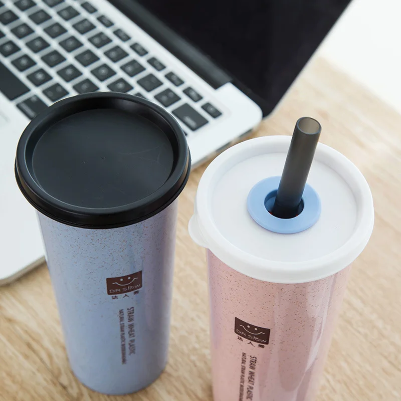 

1PC Wheat Straw Water Cup Portable Hand Cup with Straws Double Lid Cola Coffee Plastic Drinking Cup Home Office Gifts, As photo
