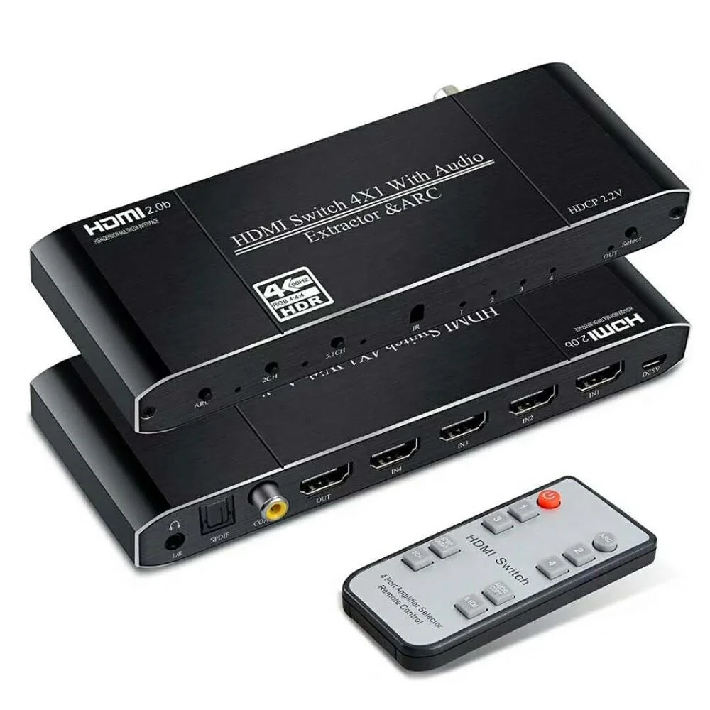 

OZQ9 4K@60H HDMI Switch 4 in 1 Out 4-Port HDMI Switch Audio Extractor Box with Remote Toslinkl Coaxial Support HDCP 2.2 ARC HDR, Black