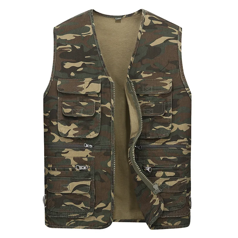 

High Quality Outdoor Wear Zip Front Multi Pockets Cargo Military Sleeveless Vest Jacket Men Work Vest Khaki Print Camouflage