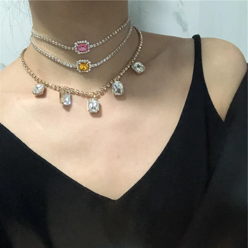 

DanYuan Bohemian Pink purple Yellow Green Blue White Crystal Choker Necklace Rhinestone stone Choker necklace for women Female, Picture