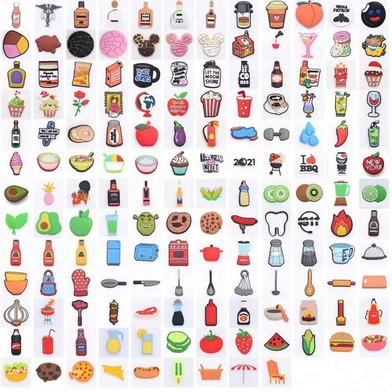 

Low Price BBQ Cooking cools foods PVC Shoe Charms Buckles Shoes Accessories Ornaments Fit For clog Charms horror Party Gift, Custom