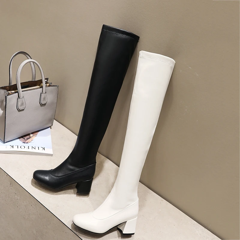 

Winter Square Head Solid Color Side Zipper Knee-high Leather Boots for Women