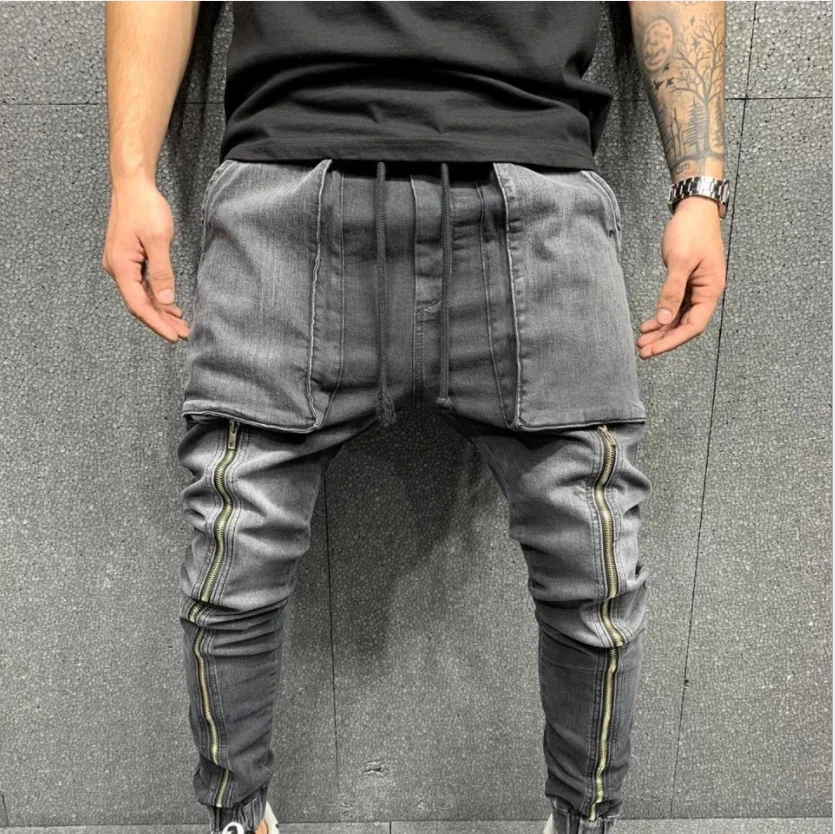 

Mens Side Big Pocket Jeans Slim Elastic Straight Tube Color Trousers New Youth Trend Man's Jean