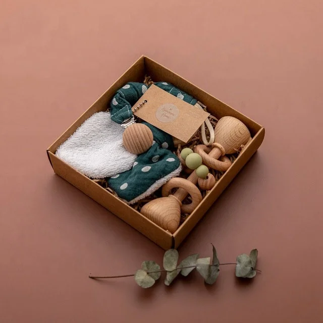 
1 Set Baby Teether Toys Pacifier Clips Chain Beech Wooden Rattles Bunny Ear Bracelet 