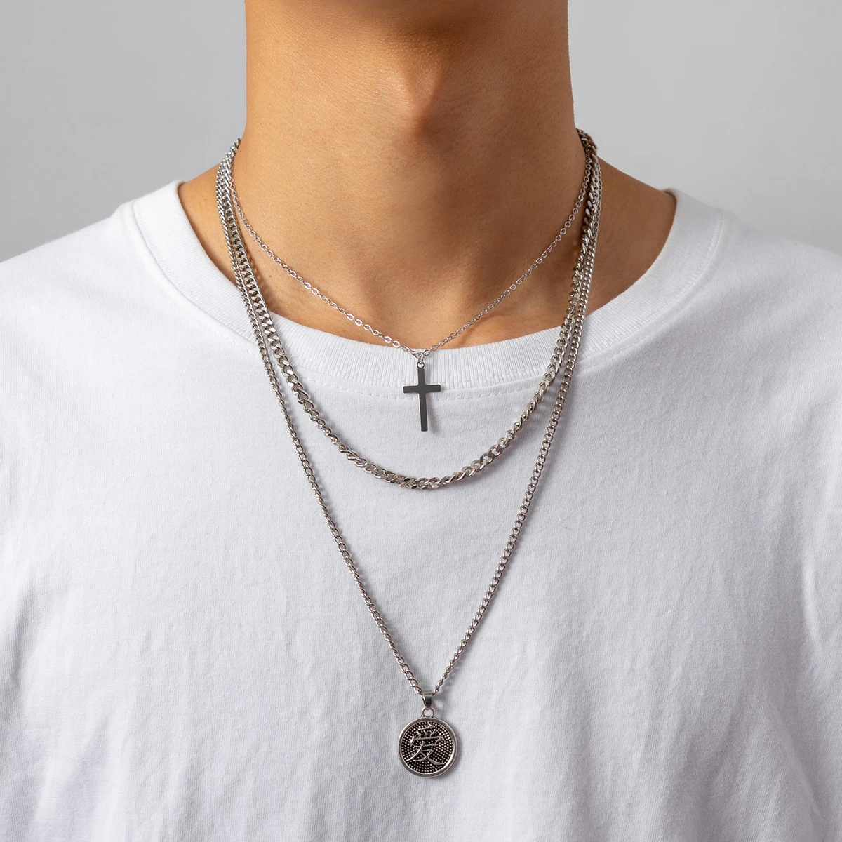 

SHIXIN Fashion Cross Necklace Male Senior Multi-layered Collar Bone Chain Necklace Hip Hop Cross Pendant Necklace Accessories