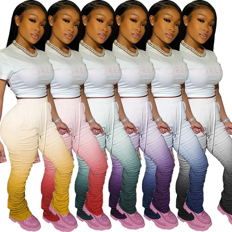 

9S4U 2021 New Arrivals Fashions Women Casual Mid Waist Drawstring Tie Dye Gradient Pleated Flared Stacked cargo pant Legging, Customized color