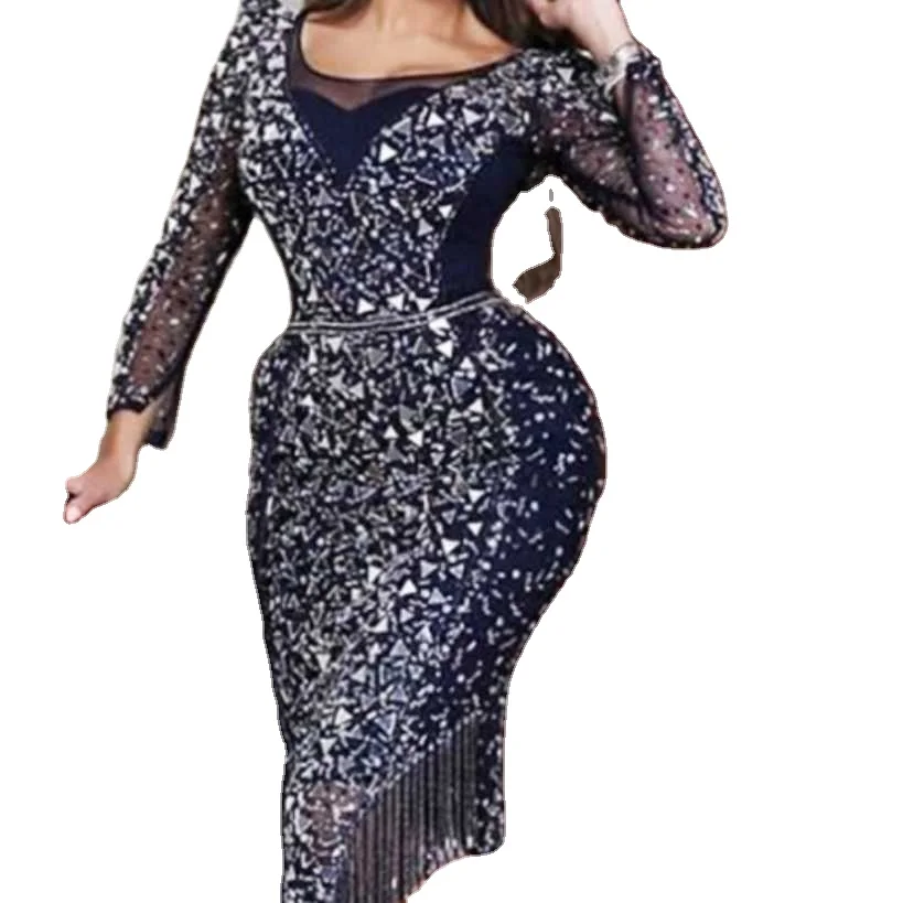 

blue color Tassel sequined split plus size long sleeve evening dress for women, Picture
