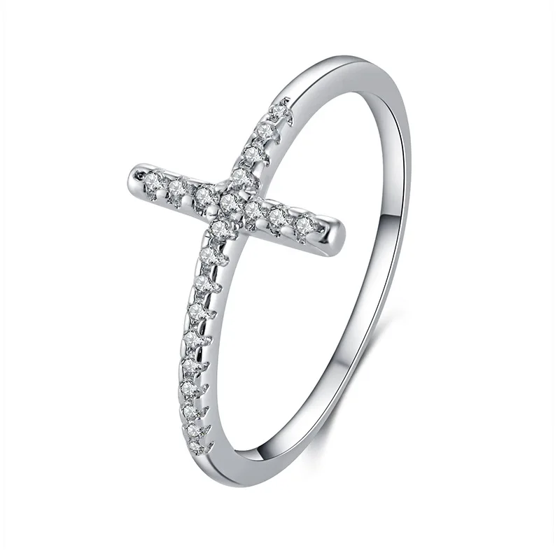 

New Hotsale Exquisite Silver Plated Crystal Cross Ring Shinny Cubic Rhinestone Christian Cross Ring For Women Wedding, Picture