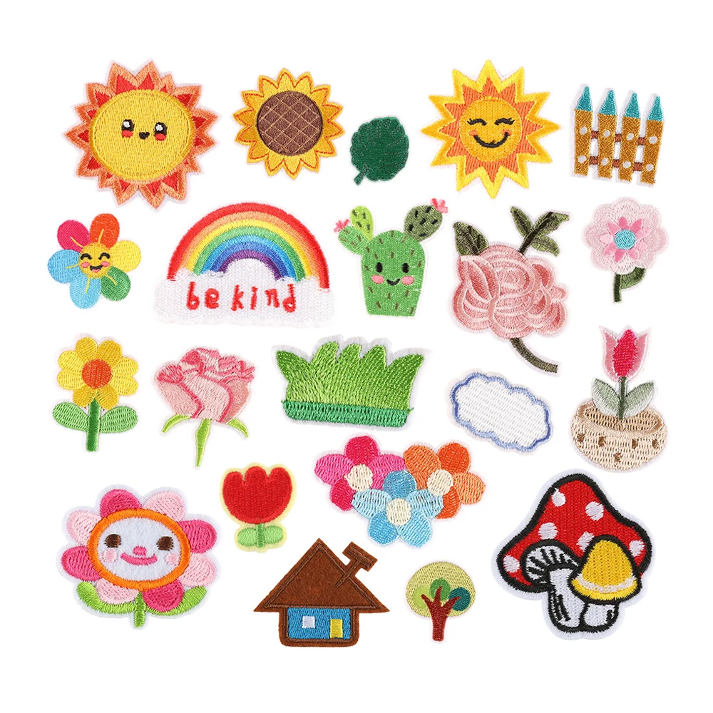 hot sale cute flower fence house lawn design decorative iron embroidered cartoon patches for kids clothing