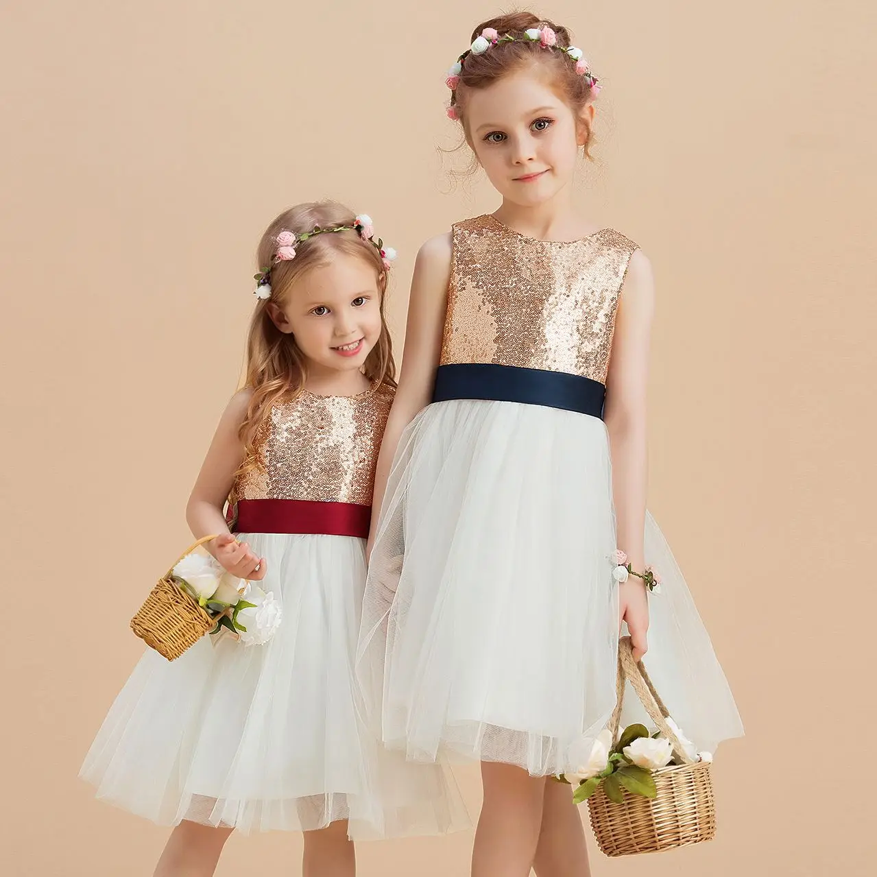 

COLORFUL Toddler Teen Ball Gown Princess Tulle Flower Girl Dress Formal Sequins Kid Girl Birthday Party Dresses, Navy,red