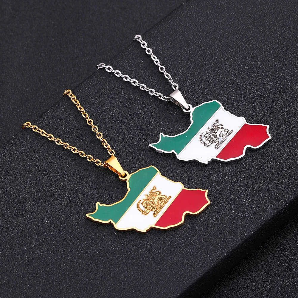 

Enameled Iran Map Chain Necklaces Stainless Steel 18K Gold Plated Enamel Iran National Flag Map Pendant Necklace