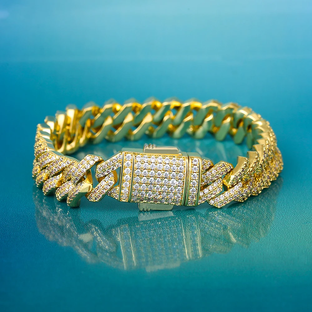 KRKC&CO 12mm 8inch 14k Gold Plated Jewelry Mens Hip Hop Zirconia Iced Out Cuban Bracelet