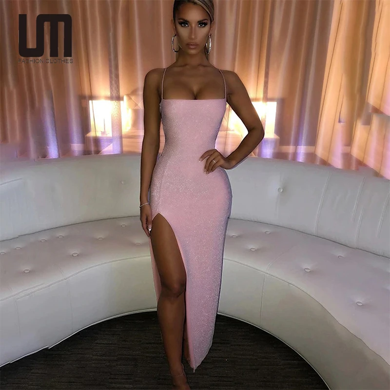 

Liu Ming 2022 Trends Women Sexy Square Neck Solid Color Silk Slit Maxi Dress, Customized color