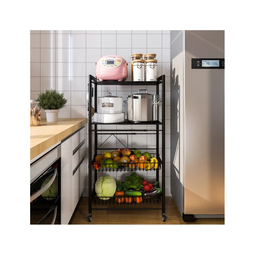 

4-Tier Kitchen Storage Trolley with hook Scroll Wheel Multi-Function Storage Cart - Easy to Assemble for Kitchen Cart, Black