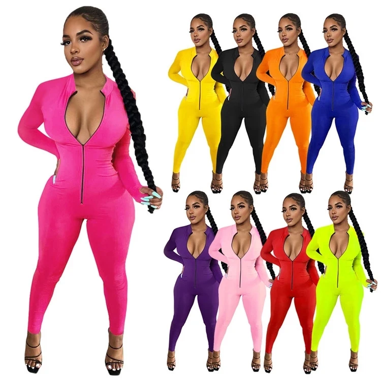 

0820M220 New Arrival Autumn Winter Solid Zipper Women's Full Length Ladies Bodycon Bodysuits One Piece Jumpsuits