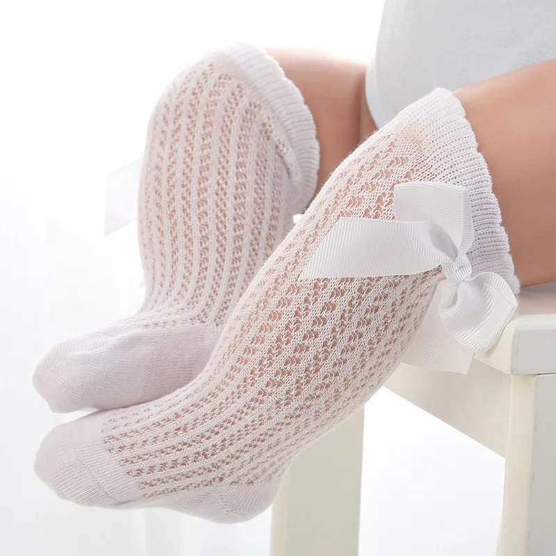 

Summer baby cotton knee high mesh socks toddler Newborn thin knee high socks anti-mosquito 0-12/12-24M with bow