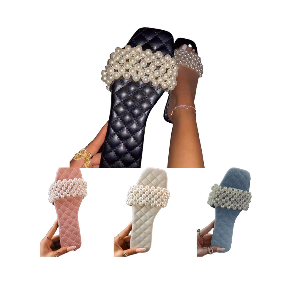 

Superstarer wholesale high quality ladies plus size flat slippers open toe pearl rhinestones sandal