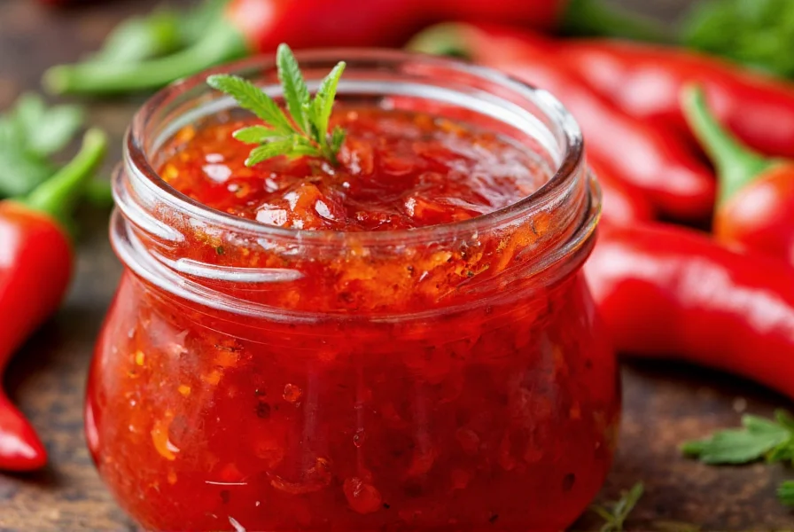 Close-up of vibrant red pepper jelly in glass jar with fresh red peppers and herbs
