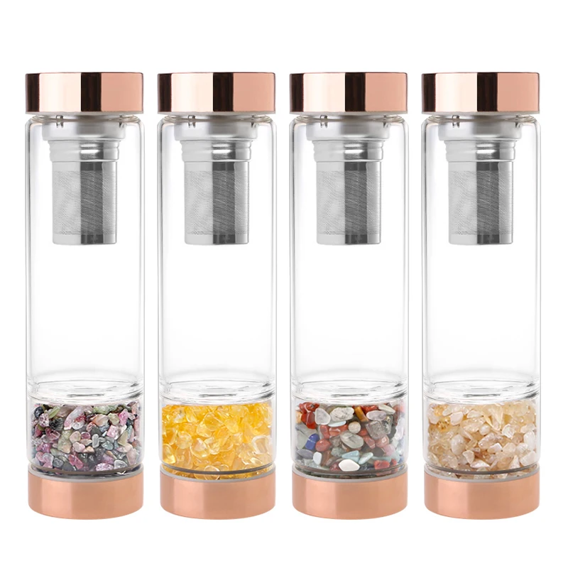 

Big Factory Crystal Glass Water Bottles Elixir Gemstone Infused Water Bottle With Rose Gold Stainless Steel Lid and Tea Straine